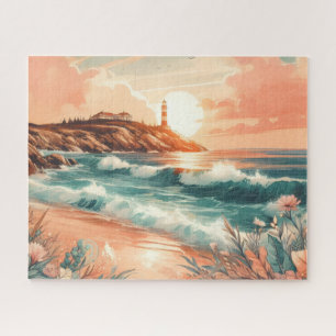 Sunset Lighthouse Ocean Beach Boho Floral Jigsaw Puzzle