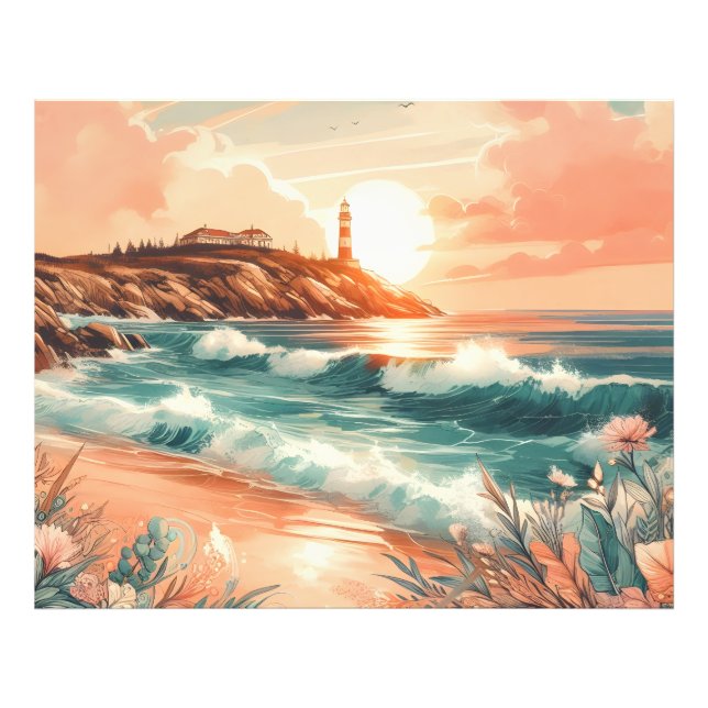 Sunset Lighthouse Ocean Beach Boho Floral Photo Print (Front)