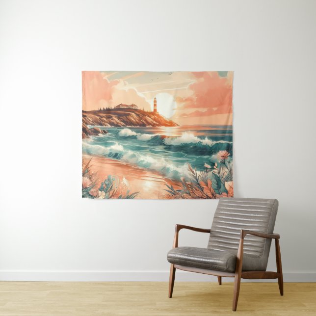 Sunset Lighthouse Ocean Beach Boho Floral Tapestry (In Situ (Horizontal))