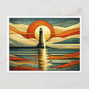 Sunset Lighthouse Reflection Art Deco Holiday Postcard