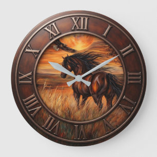 Sunset Meadow Horse Rustic Equestrian Eagle Timepi Large Clock