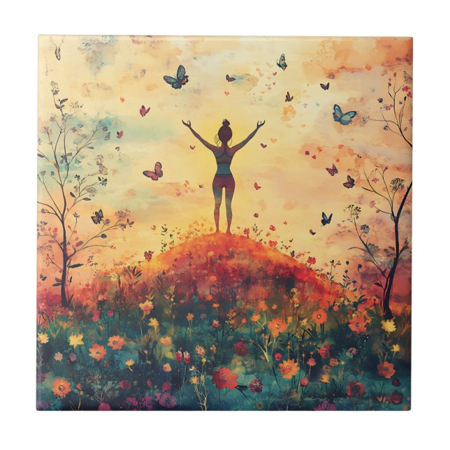 Sunset Meadow Meditation with Butterflies (4) Tile (Front)