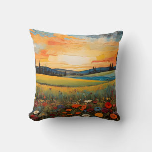 Sunset Meadow Wildflowers Bloom In Vibrant Summer Cushion