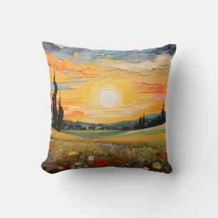 Sunset Meadow Wildflowers Blooming Painting Cushion