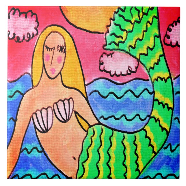 Sunset Mermaid Abstract Digital Painting Tile (Front)