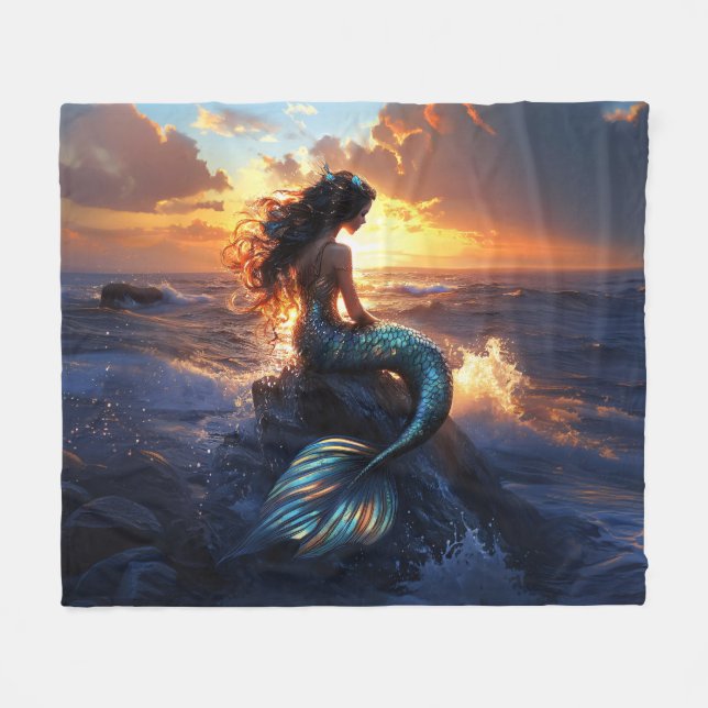 Sunset Mermaid Fleece Blanket (Front (Horizontal))