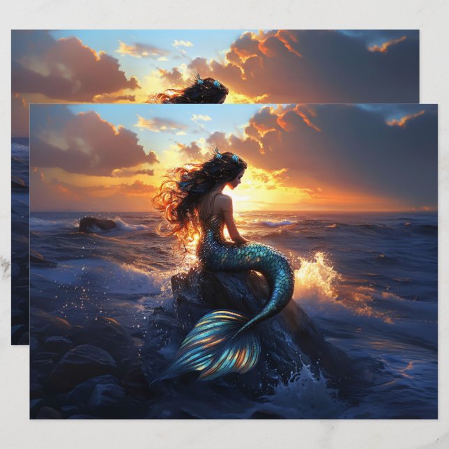 Sunset Mermaid Scrapbook Paper (Front/Back)