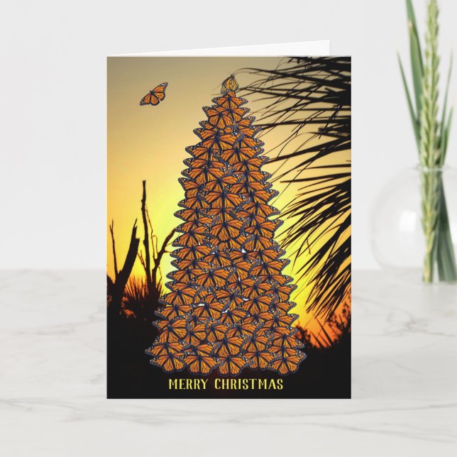 Sunset Monarch Butterflies Christmas Tree Holiday Card (Front)