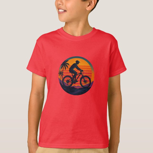Sunset Mountain Biker Retro Adventure Art T-Shirt (Front)