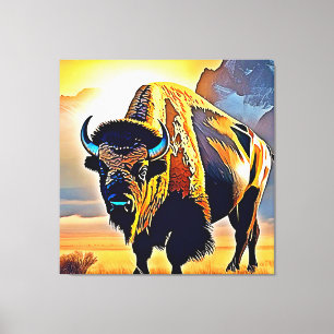 Sunset Mountain Bison Art Design Canvas Print