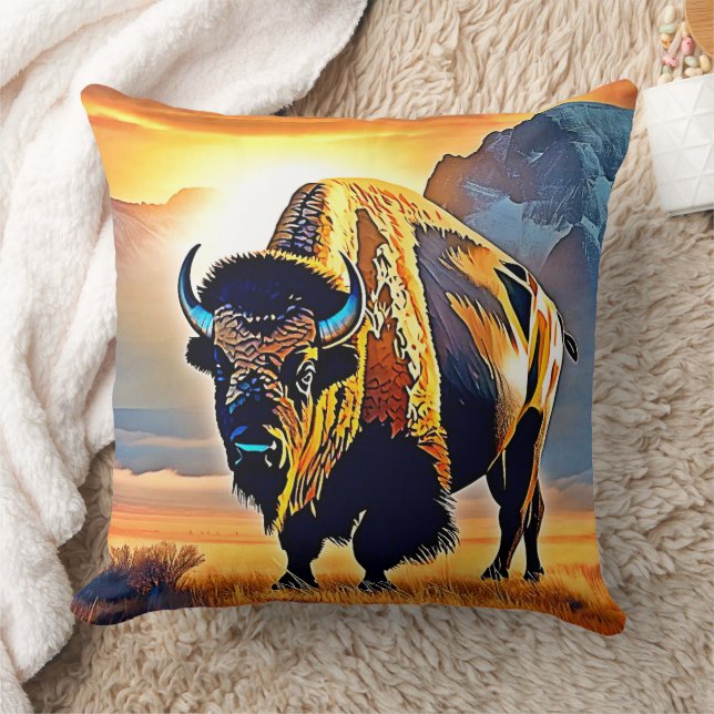 Sunset Mountain Bison Art Design Cushion (Blanket)