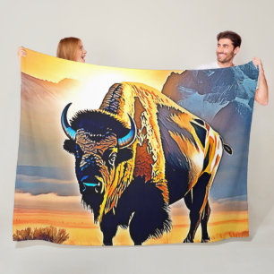 Sunset Mountain Bison Art Design Fleece Blanket
