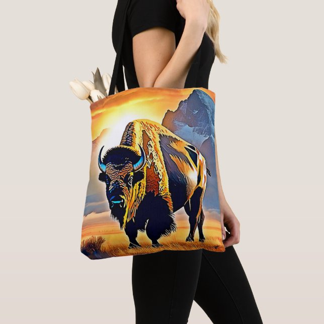 Sunset Mountain Bison Art Design Tote Bag (Close Up)
