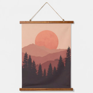 Sunset Mountain Forest Nature Illustration Hanging Tapestry