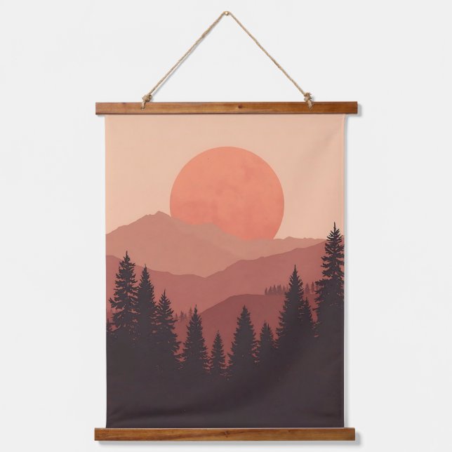 Sunset Mountain Forest Nature Illustration Hanging Tapestry (Front)