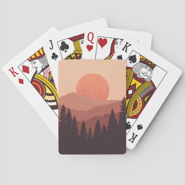 Sunset Mountain Forest Nature Illustration Playing Cards (Back)