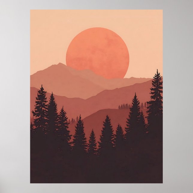 Sunset Mountain Forest Nature Illustration Poster (Front)