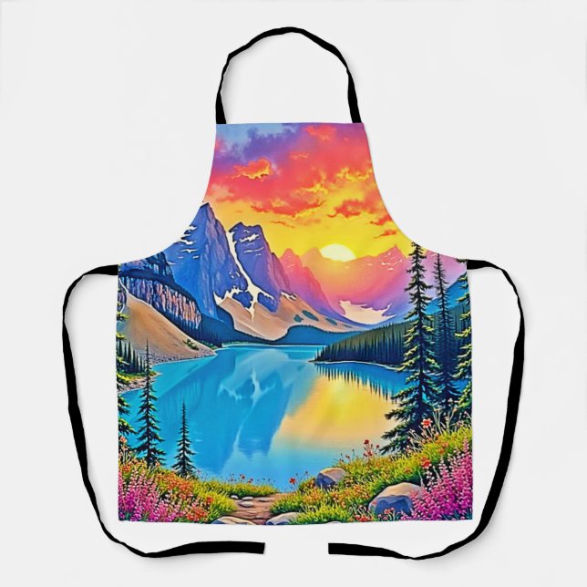 Sunset Mountain Lake Majesty Art Apron (Front)