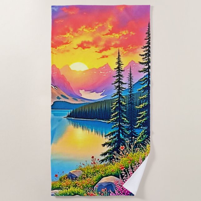 Sunset Mountain Lake Majesty Art Beach Towel (Front)