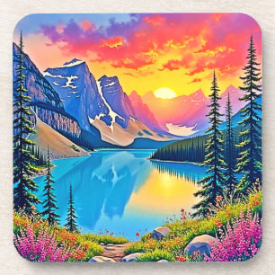 Sunset Mountain Lake Majesty Art Coaster