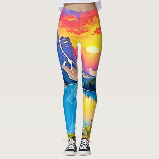 Sunset Mountain Lake Majesty Art Leggings (Front)
