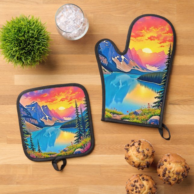 Sunset Mountain Lake Majesty Art Oven Mitt & Pot Holder Set (Top Down)