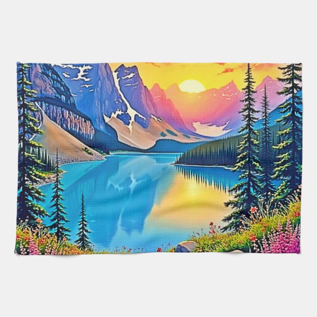 Sunset Mountain Lake Majesty Art Tea Towel (Horizontal)