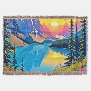 Sunset Mountain Lake Majesty Art Throw Blanket
