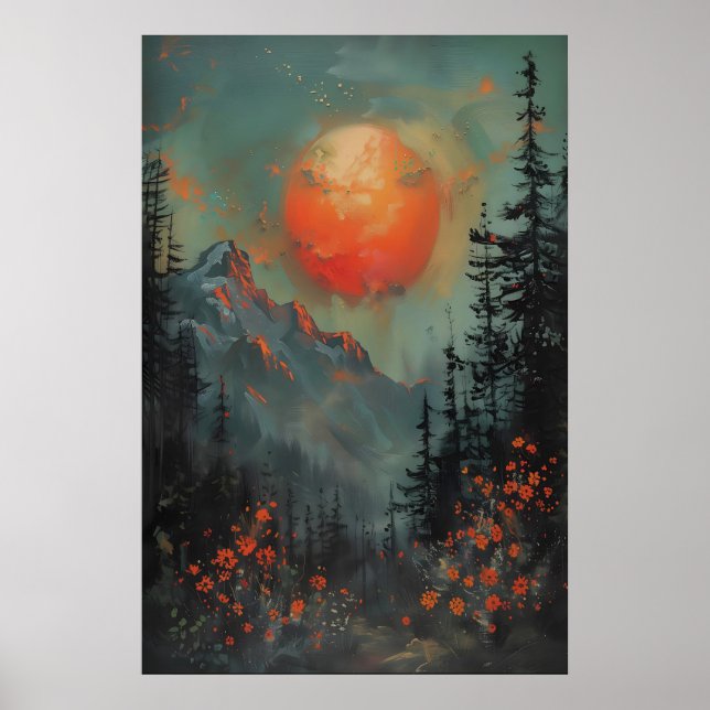 Sunset Mountain Landscape Art Print, Botanical Poster (Front)