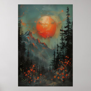 Sunset Mountain Landscape Art Print, Botanical Poster