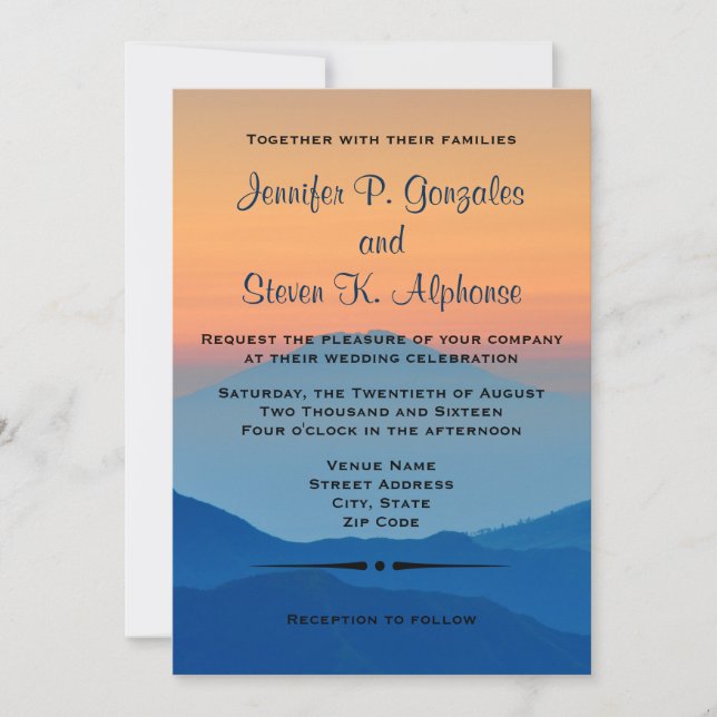 Sunset Mountain Powder Blue Wedding Invitation (Front)