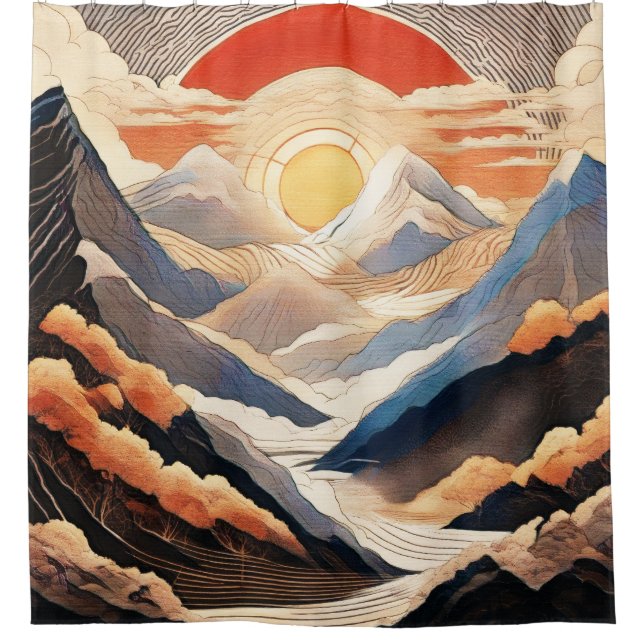 Sunset Mountain Sky Japanese Style Shower Curtain (Front)