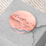 Sunset Mountain Thank You Wedding Classic Round Sticker<br><div class="desc">Enjoy this sunset mountain calligraphy thank you sticker with the bride and groom's name along with the date.</div>