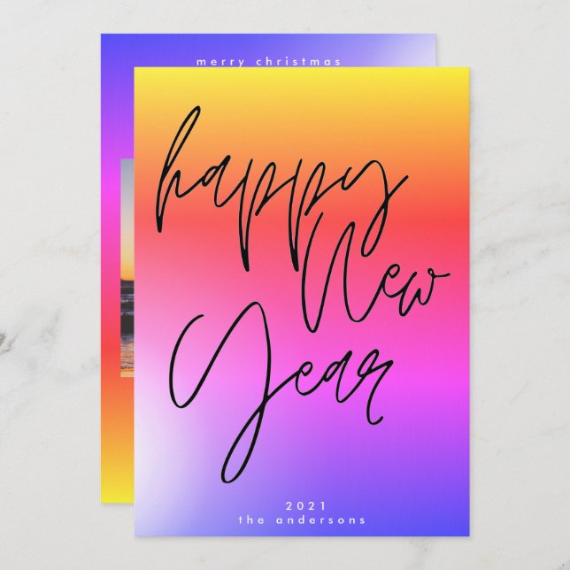 Sunset New Year Bold Gradient Rainbow Happy Photo Holiday Card (Front/Back)