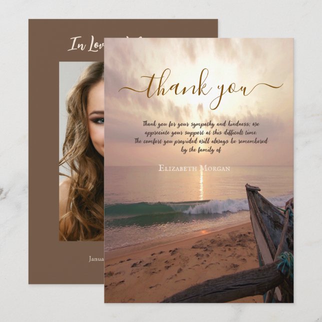 Sunset Ocean Boat Photo Celebration Of Life  Thank You Card (Front/Back)