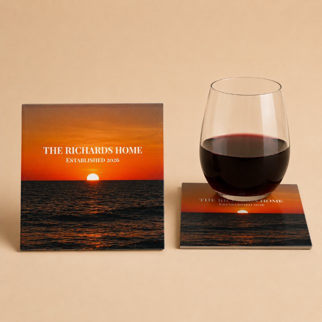 Sunset Ocean Custom Name Glass Coaster (Creator Uploaded)
