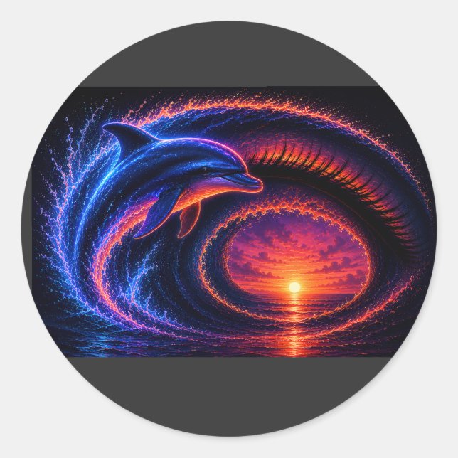 Sunset Ocean Dolphin Classic Round Sticker (Front)