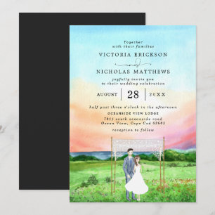 Sunset Ocean   Elegant Watercolor Wedding Invitation