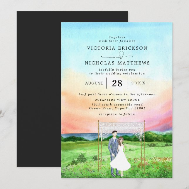 Sunset Ocean | Elegant Watercolor Wedding Invitation (Front/Back)