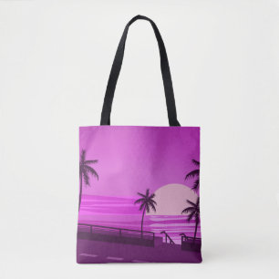 Sunset, ocean, evening, palm trees sea shore, tote bag