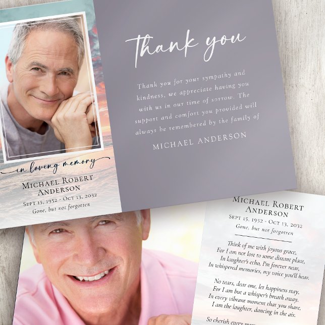 Sunset Ocean Memory Photo Funeral Thank You Card (Creator Uploaded)