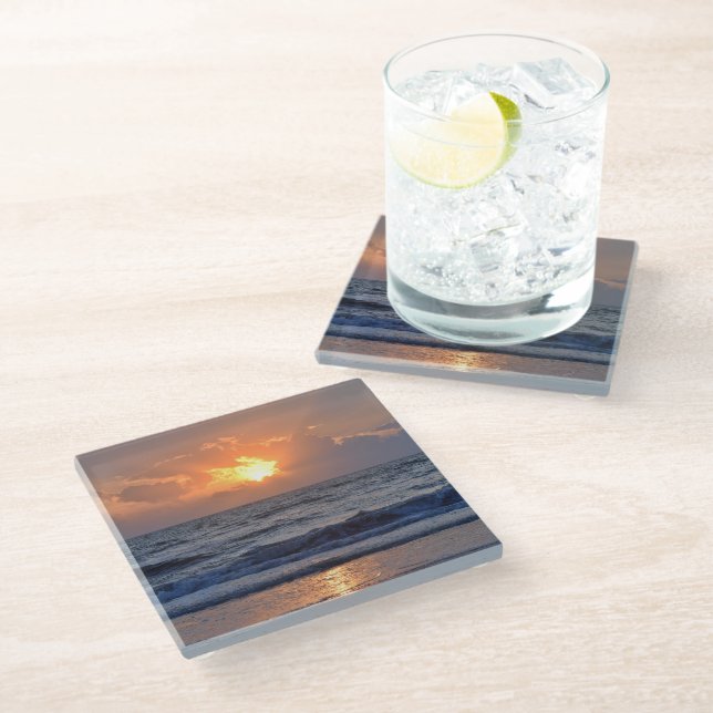 Sunset Ocean Sea Beach Orange Glass Coaster (Angled)