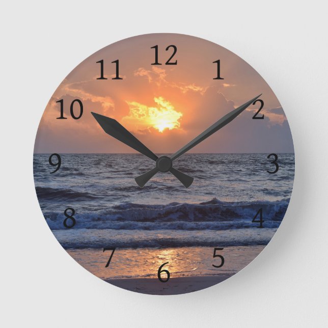 Sunset Ocean Sea Beach Orange Round Clock (Front)