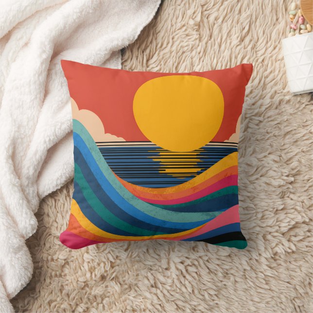 Sunset Ocean Waves Abstract Bauhaus Throw Pillow (Blanket)