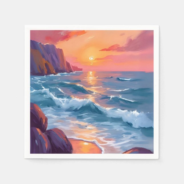 Sunset Ocean Waves Beach Watercolor Painting Napkin (Front)