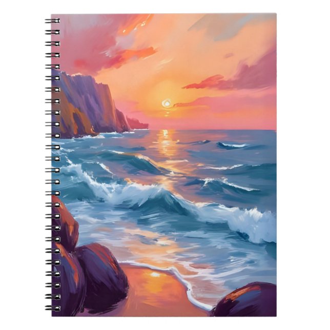 Sunset Ocean Waves Beach Watercolor Painting Notebook (Front)