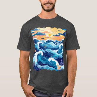 Sunset Ocean Waves T-Shirt – Artistic Sea and Sky 