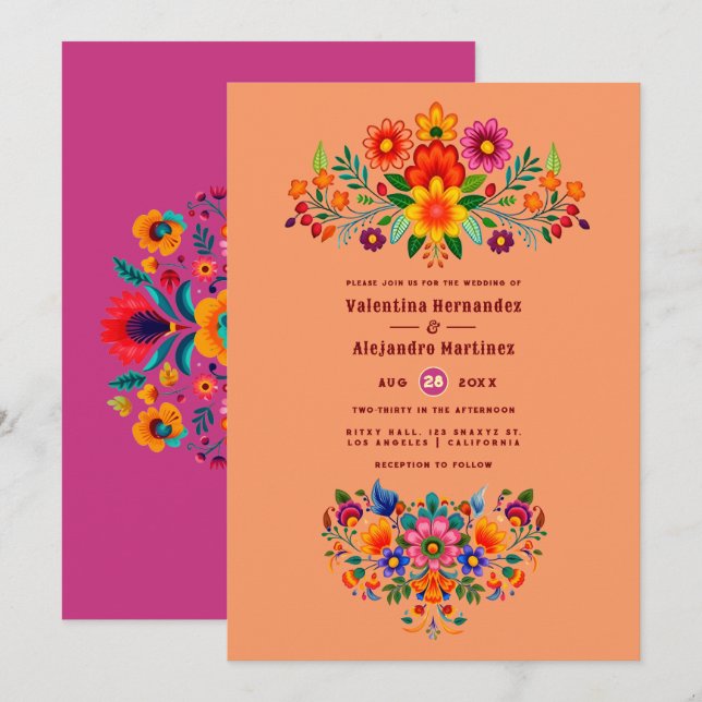 Sunset Ombre & Magenta Folk Art Fiesta Wedding Invitation (Front/Back)