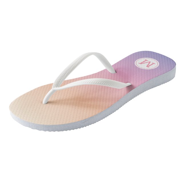 Sunset Ombre Purple Pink Peach Monogram Flip Flops (Angled)