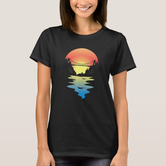 Sunset On A River With Bridge Connecting A Canyon T-Shirt (Front)